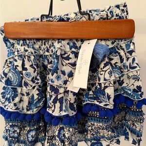 NWT Poupette St. Barth Kids Ruffled Blue Mini Skirt Ariel with Pom Poms